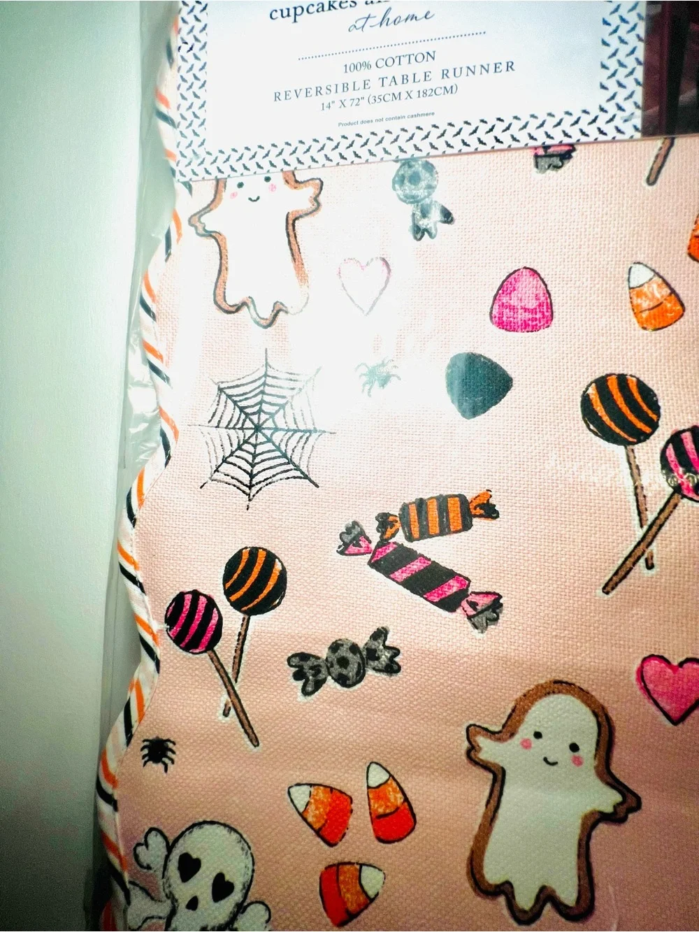 Pink Halloween Creepy Confections Reversible Table Runner Cookies Candy